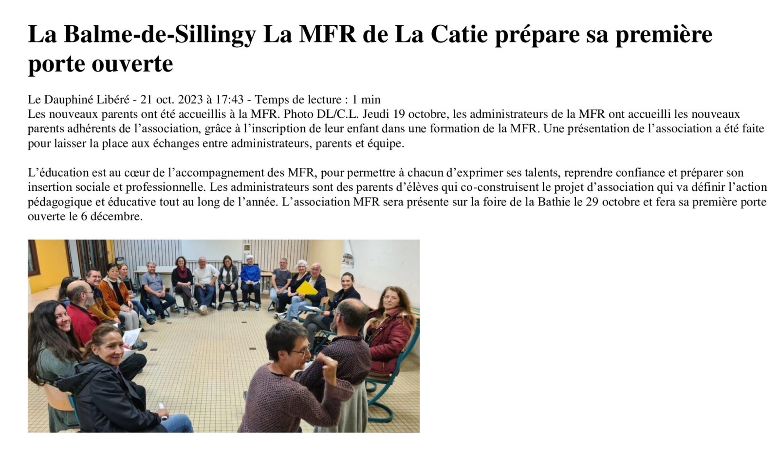 Le jeudi 19 octobre au soir, la MFR a accueilli les nouveaux parents adhérents de l'association. Chacun d'entre eux à un enfant qui est inscrit à la MFR depuis septembre 2023. Au cours de cette réunion, ils ont pû assister à une présentation de l'association afin d'avoir les clés pour échanger. Ils sont donc désormais en mesure de définir l'action pédagogique et éducative à mener au cours de cette nouvelle année scolaire.